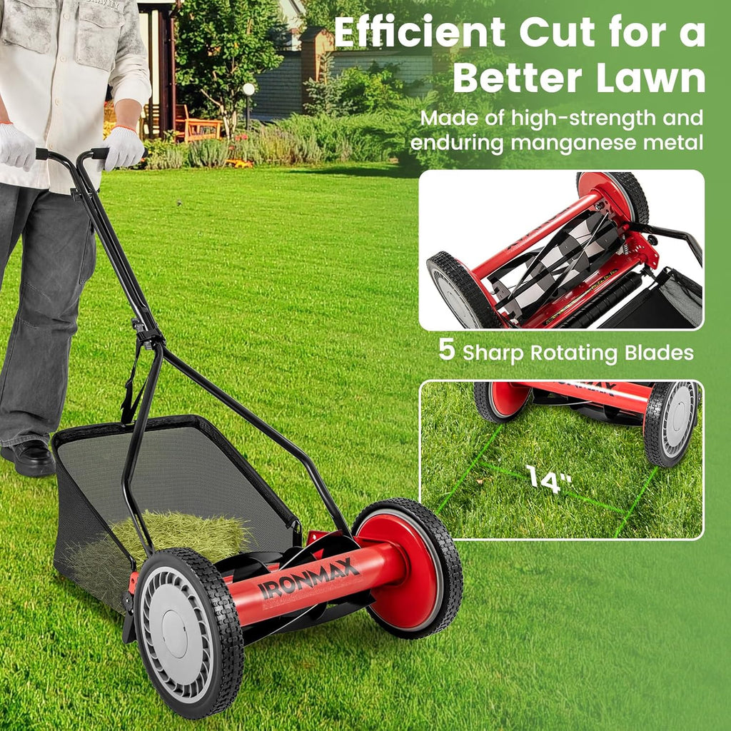 IRONMAX 14 Inch 5-Blade Push Reel Mower, Removable Grass Catcher, Red | 4-Level Adjustable Cutting Heights, Lightweight