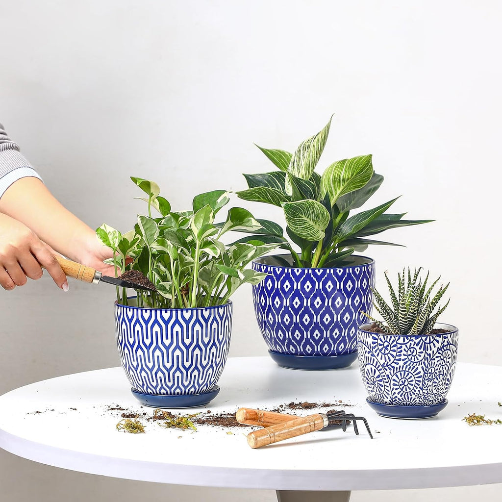 Selamica Ceramic Plant Pots, 4.6+5.6+6.5 Inch Planters with Drainage Holes & Saucer, Flower Pots for Indoor Plants