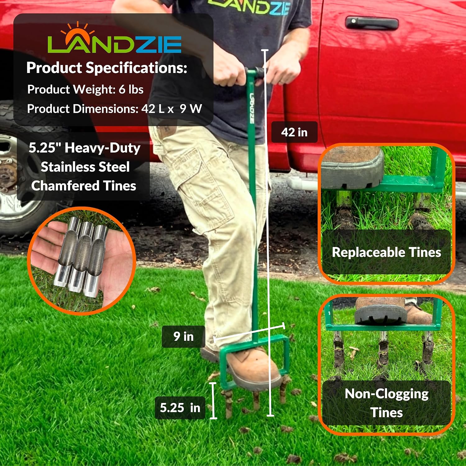 The Original Hollow Tine Lawn Aerator Tool - 42 Inch Core Aerator and Grass Aeration Tool Lawn Tools - Stainless Steel
