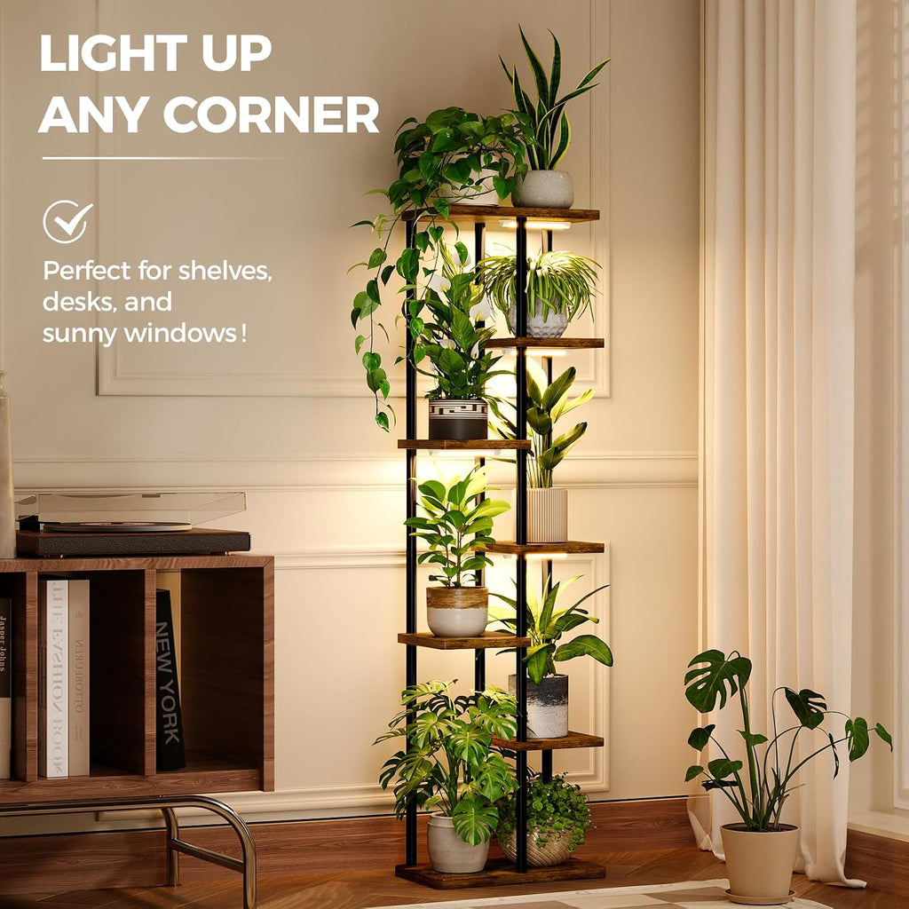 Bamworld Plant Stand with Grow Light for Indoor Plants Corner 7 Tier | Metal Plant Shelf Wood Flower Stand for Home