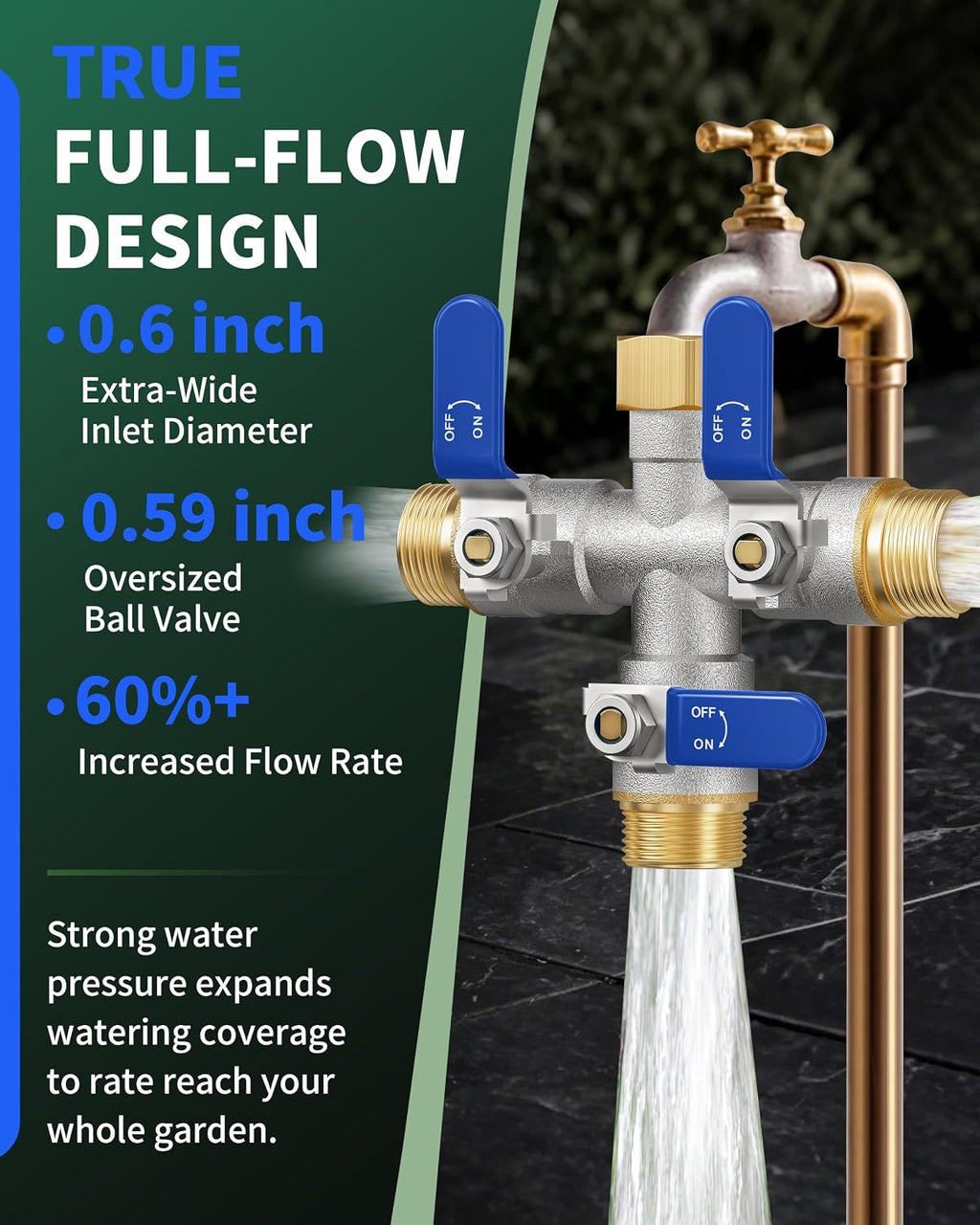 3 Way Hose Splitter, Heavy Duty Brass Garden Water Hose Splitter | Full Flow Design, Rust-Resistant Nickel-Plated