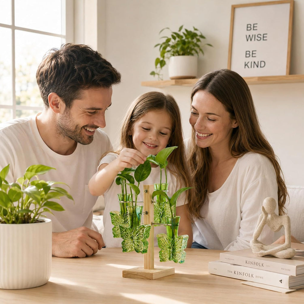 Plant Terrarium Propagation Stations: Green Vase with Wooden Stand | Irised Crystal Clear Glass, Butterfly Shaped, Home