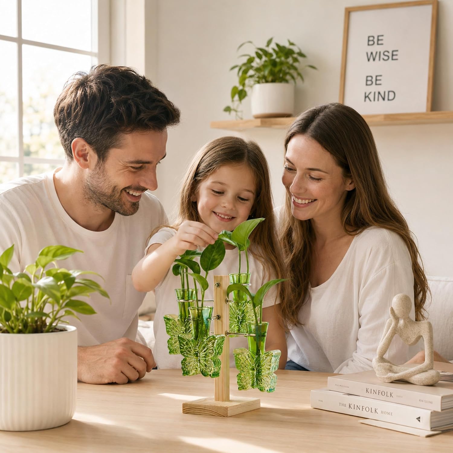Plant Terrarium Propagation Stations: Green Vase with Wooden Stand | Irised Crystal Clear Glass, Butterfly Shaped, Home