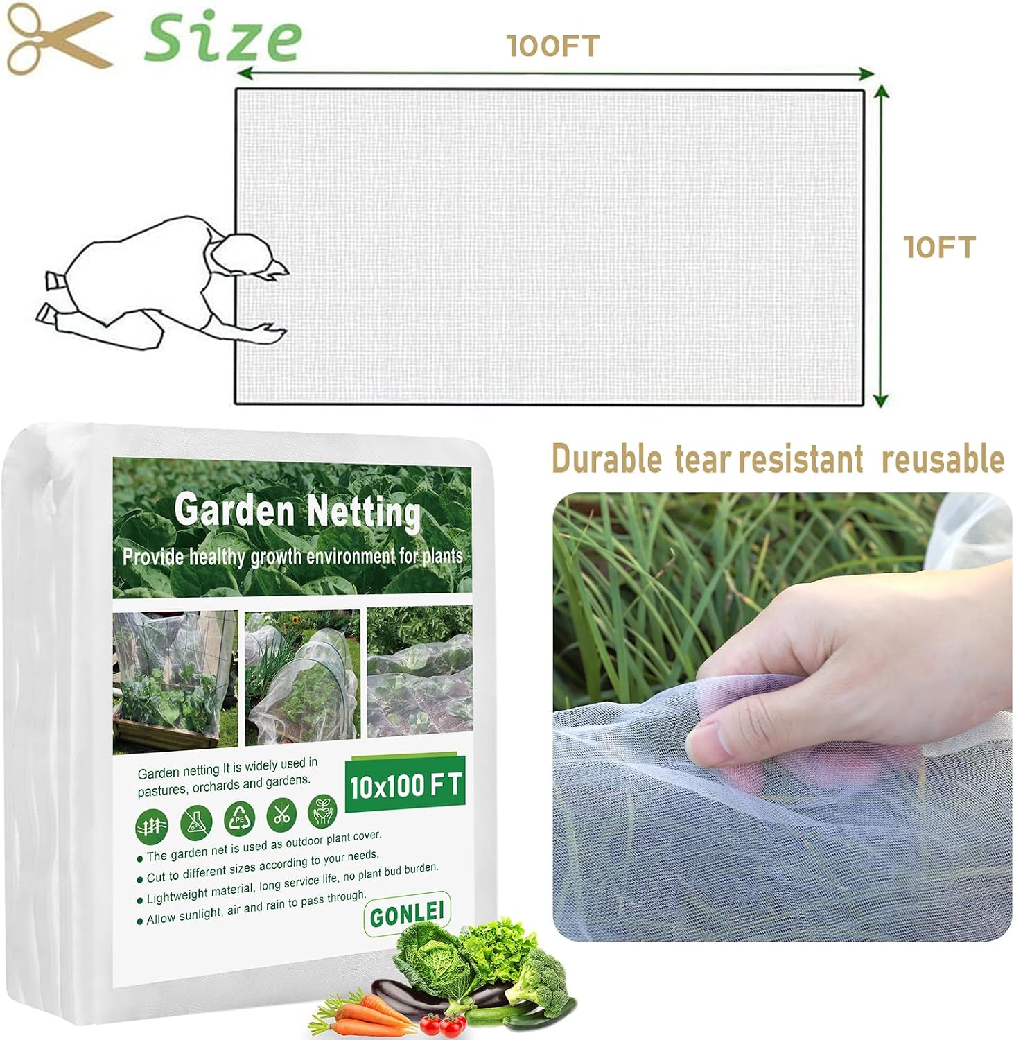 GonLei Garden Netting 10 X 100 FT Ultra Fine Netting for Garden Protection,Garden Netting for Raised Beds,Mosquito Net