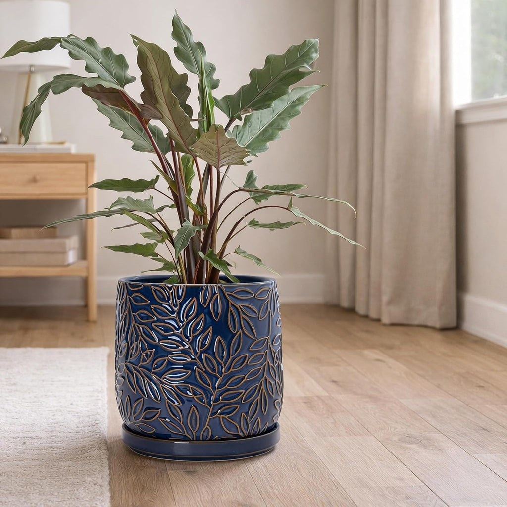 D'vine Dev Embossed Leaves Ceramic Planter, 8 in, Midnight Blue, 27-A-Q-3 | Nature-Inspired Leaf Pattern, Handcrafted
