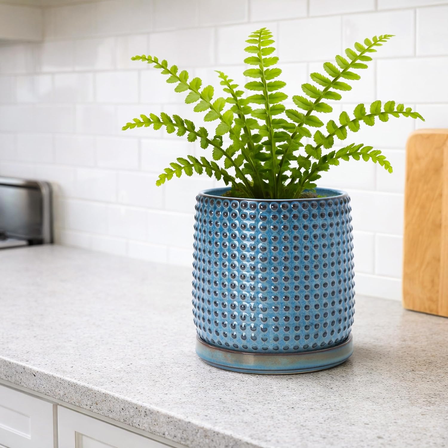D'vine Dev Beaded Ceramic Pot with Saucer, 6 in, Ocean Teal, 27-C-X-8 | Embossed Dot Texture, Smooth Glazed Finish