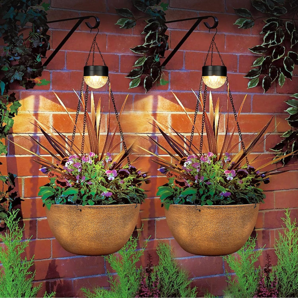 SUNNYPARK 2 Pack Solar Hanging Planters for Plants Outdoor | Self Watering, Bronze Flower Pots with Solar Light