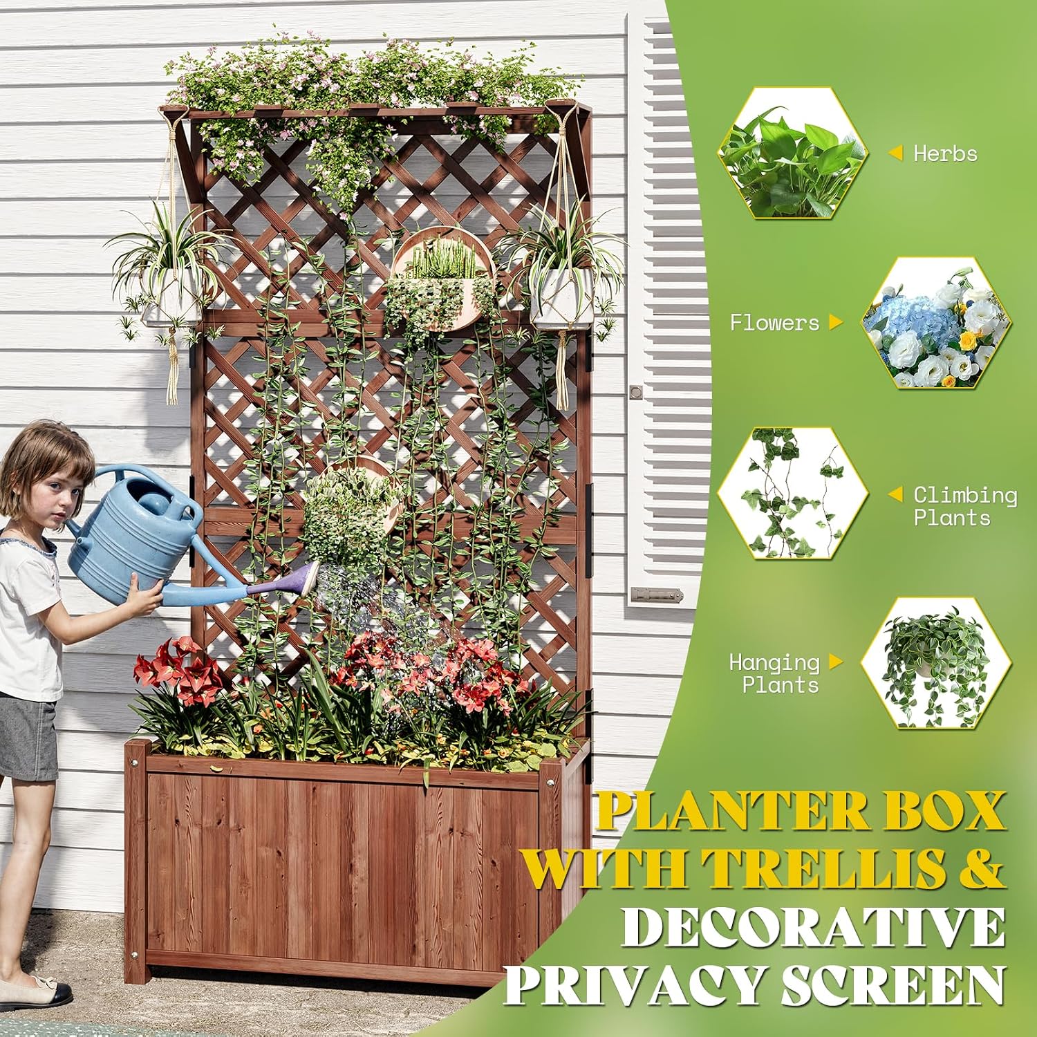 AMERLIFE Raised Garden Bed with 71" Trellis, Privacy Planter for Planting | Natural Wood Planter Box for Vegetables and