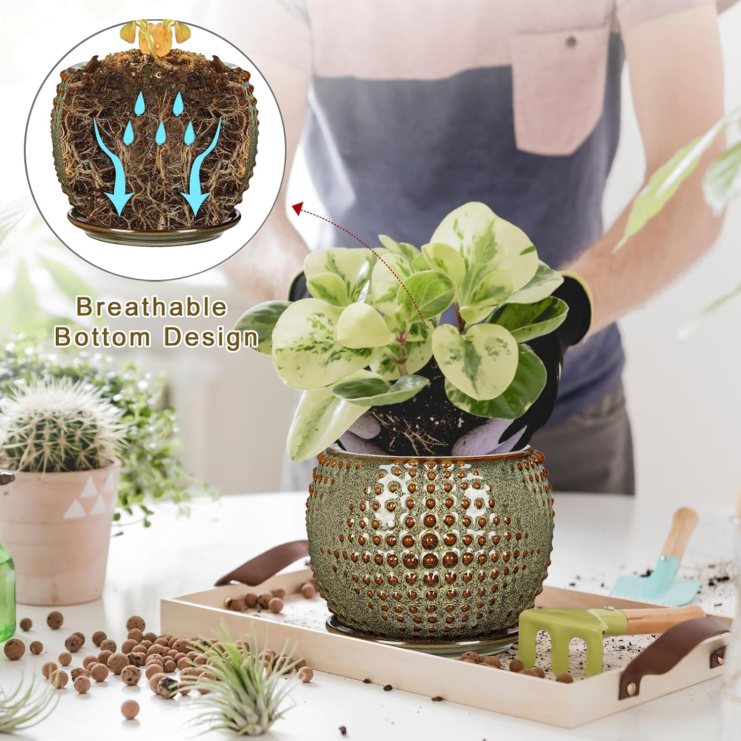 Oairse Ceramic Pot for Indoor Plants, 7 inch Plant Pot with Drainage Hole and Saucer Decorative Brown Planter with