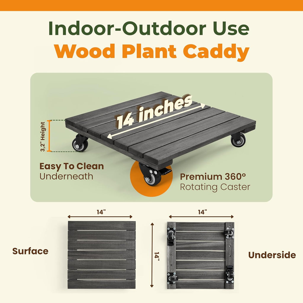 Jurax Wood Plant Caddy with Wheels – Heavy Duty Plant Dolly Holds Up to 286 lbs, 360° Lockable Casters, Rolling Plant