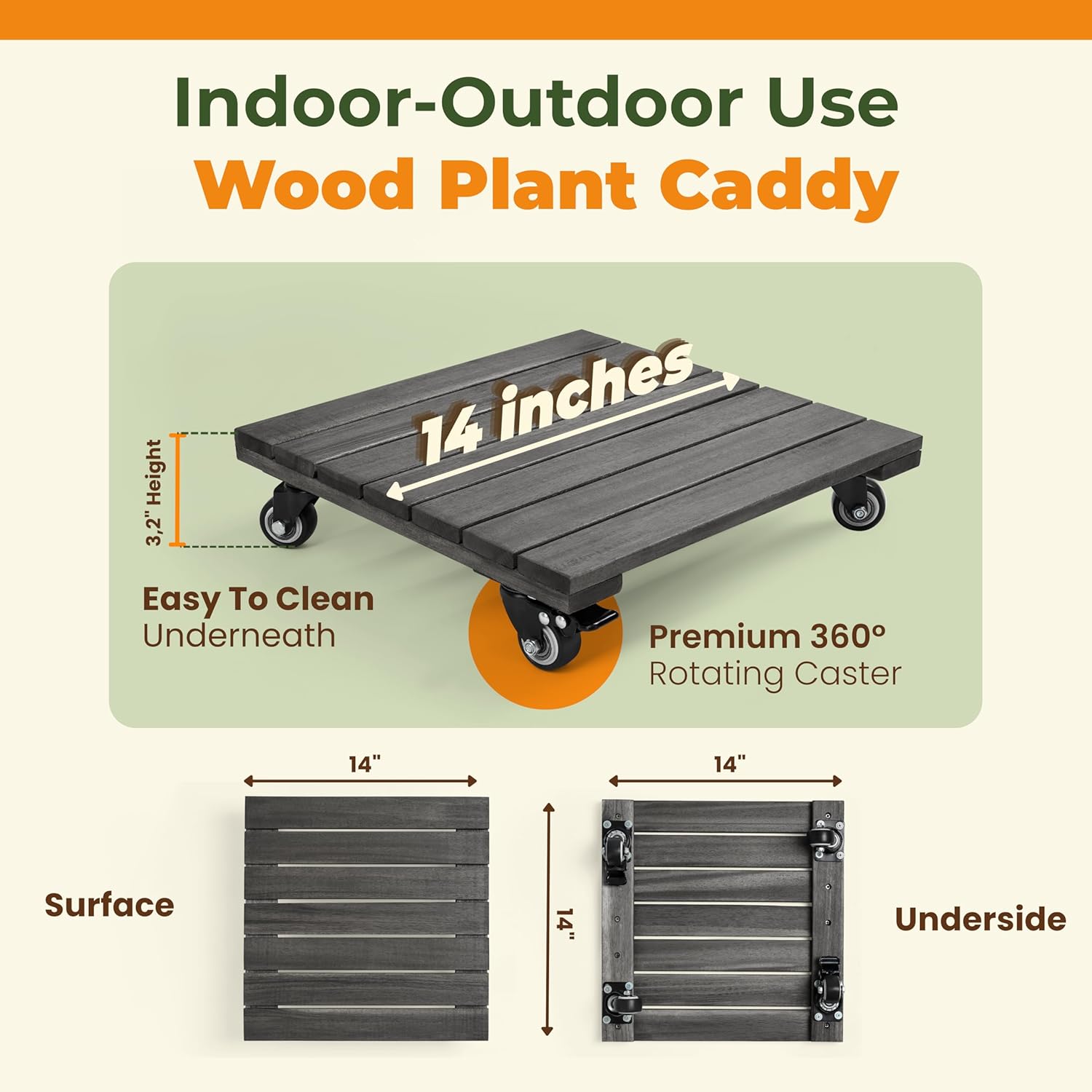 Jurax Wood Plant Caddy with Wheels – Heavy Duty Plant Dolly Holds Up to 286 lbs, 360° Lockable Casters, Rolling Plant