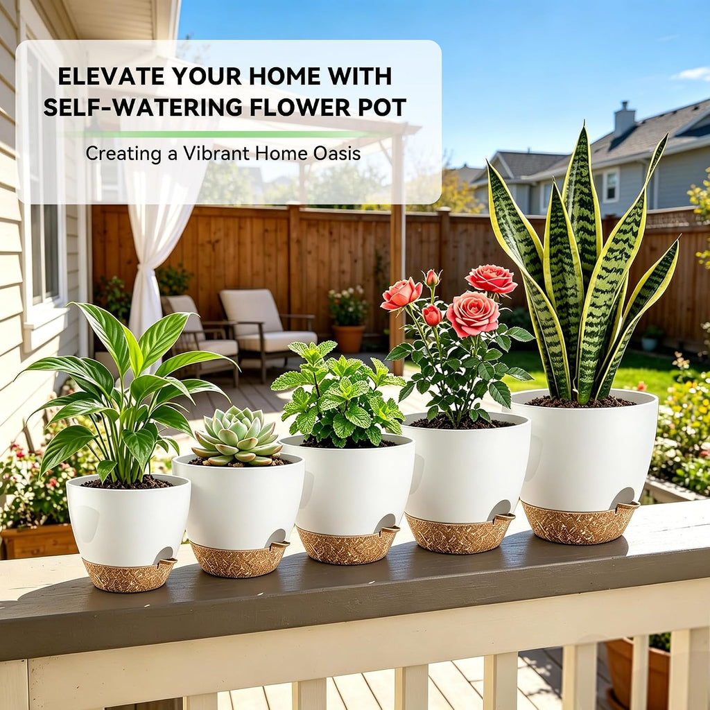 6-Pack Self Watering Pots for Indoor Plants, White | 5/5.5/6/6.5/7-inch sizes, Indoor/Outdoor Planters, Drainage Holes