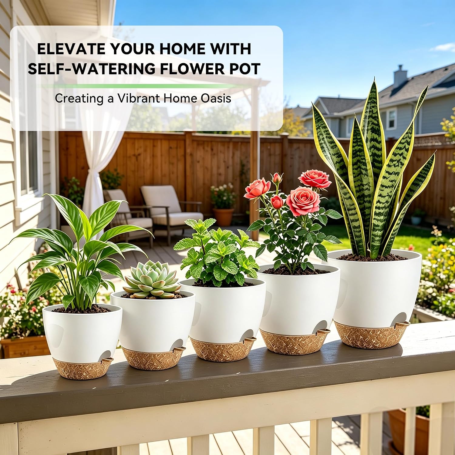 6-Pack Self Watering Pots for Indoor Plants, White | 5/5.5/6/6.5/7-inch sizes, Indoor/Outdoor Planters, Drainage Holes