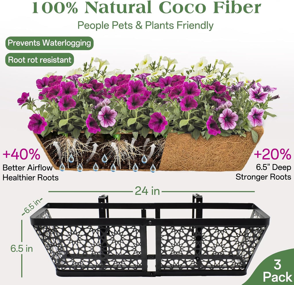 3 Pack Over Railing Planter Box, 24 Inch Window Box with Coco Liner | with Adjustable Brackets, Rust-Resistant Metal