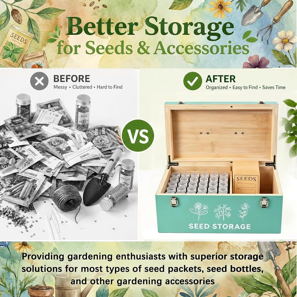 60 Slots Seed Storage Organizer, Bamboo Seed Box with Lid and Safety Locks | Bamboo, Strong Seal, Completely Blocks