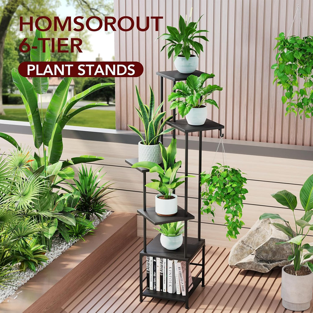 Plant Stand Indoor with Grow Light - 6-Tier Metal Plant Shelf with Hanging Basket Hook, Corner Tall Flower Holder for