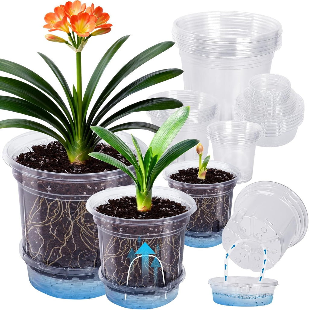 Nihow Self Watering Plant Pot: 4.5 Inch Ceramic Planter with Drainage Hole & Water Storage Plus for Indoor & Outdoor Plants - Cylinder Flower Pot for Herbs/Violets - White & Nature