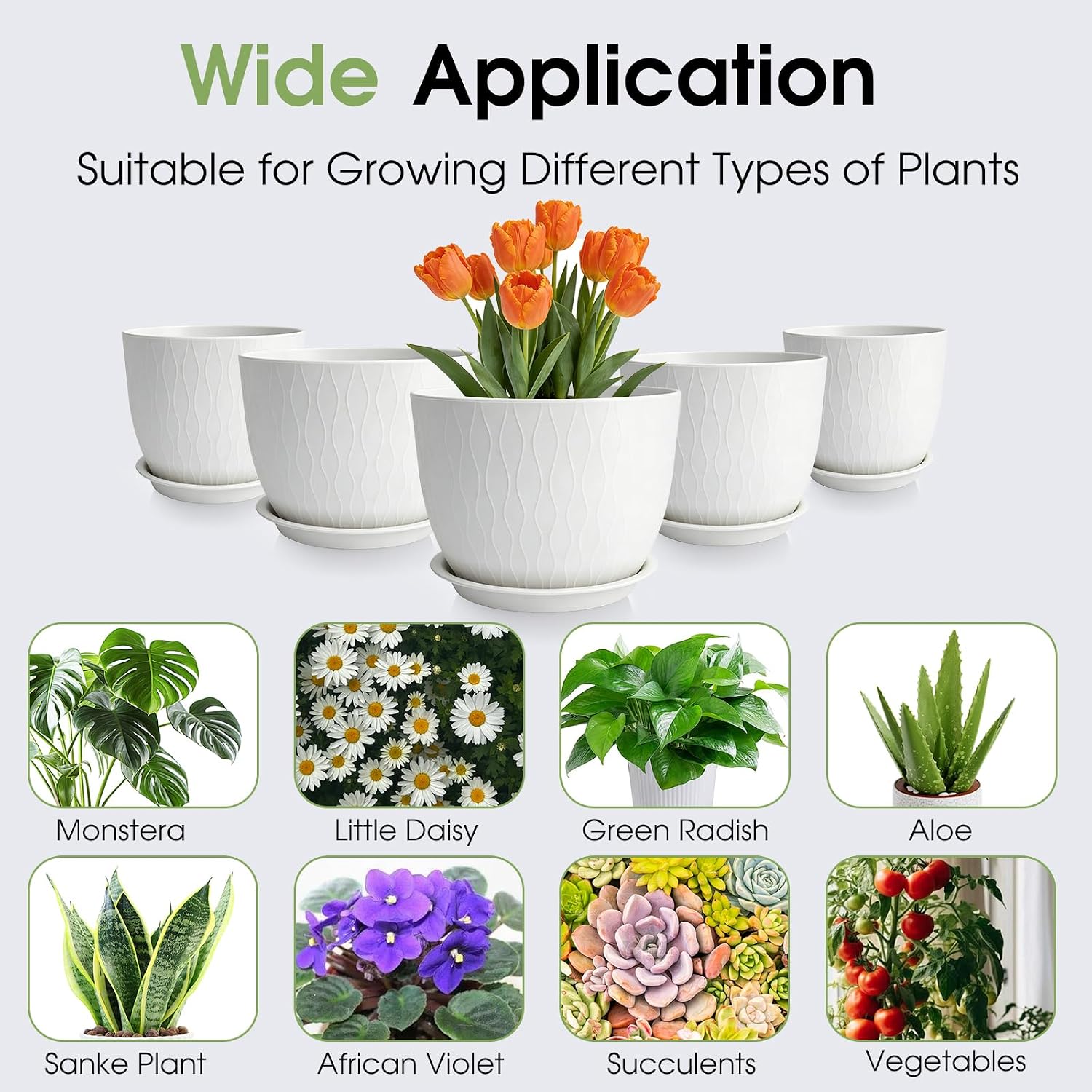 Plant Pots 10/9/8/7.5/7 Inch Plant Pots, Set of 5 Plastic Planters with Drainage Holes and Saucers,Plastic Flower