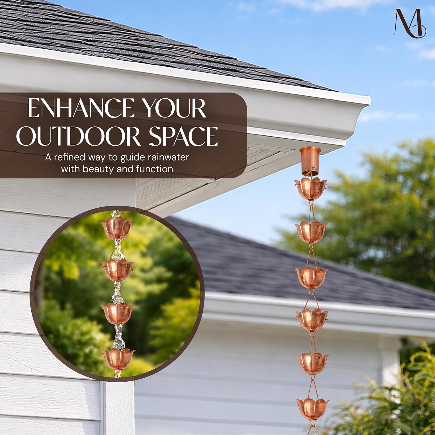 Monarch Rain Chains Pure Copper Lotus Cup Rain Chains for Gutters – 8.5 ft Decorative Rainchain Outdoor Durable Heavy