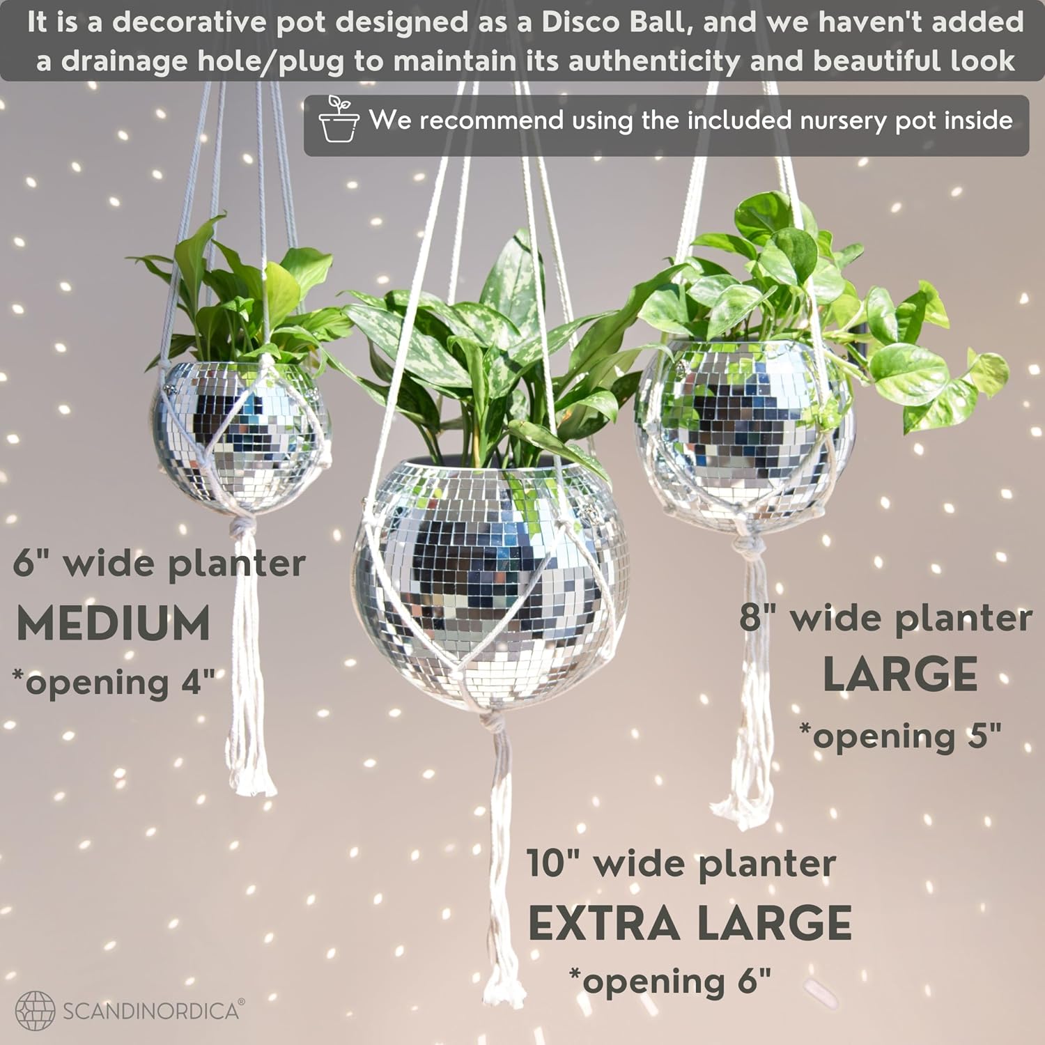 Disco Ball Planter – Value Package: Disco Pot with Chain, Macrame Hanger, Acrylic Stand and Self Watering Insert | 8