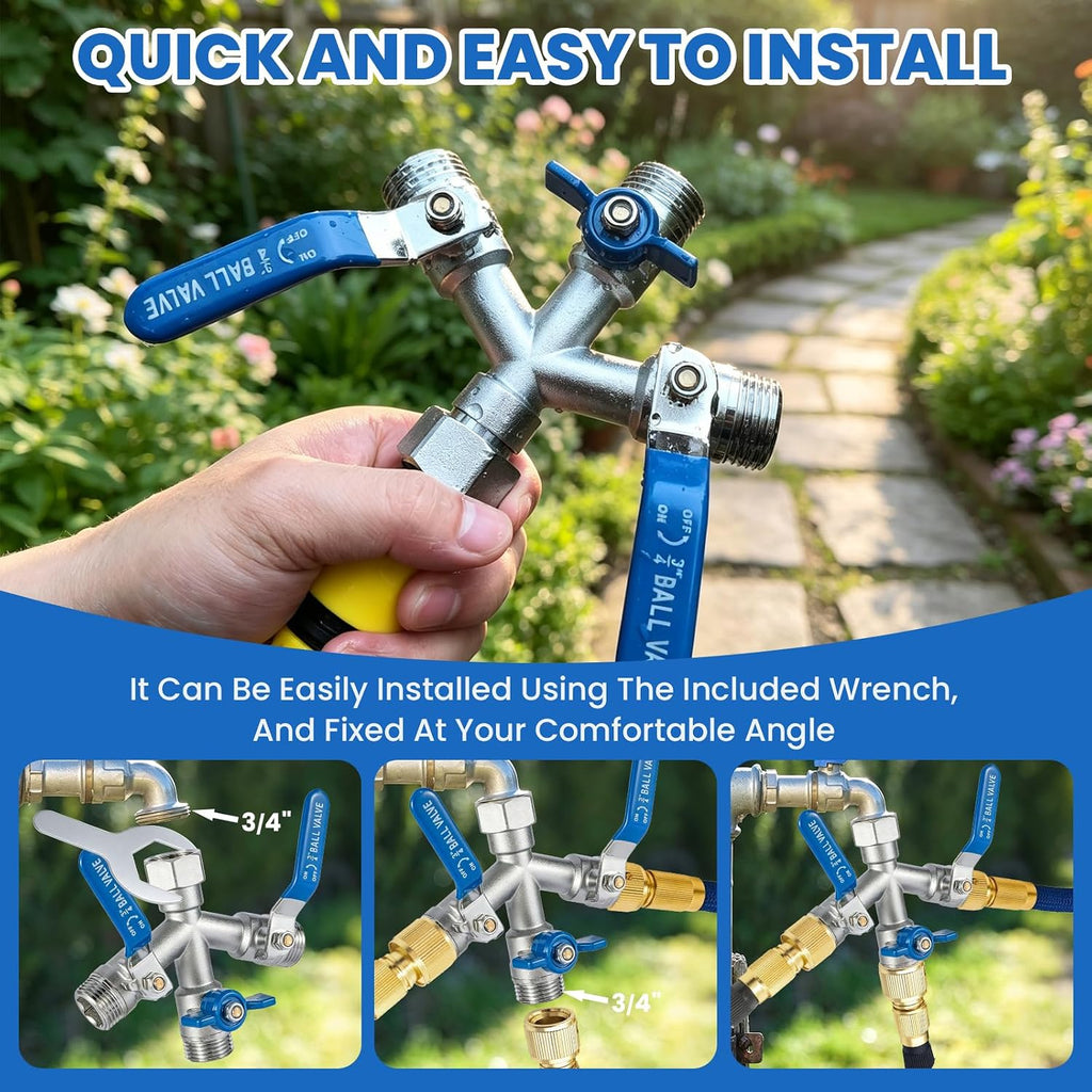 3 Way Garden Hose Splitter, 304 Stainless Steel Hose Splitter, with Shut-off Valves, full flow hose splitter, Rust &
