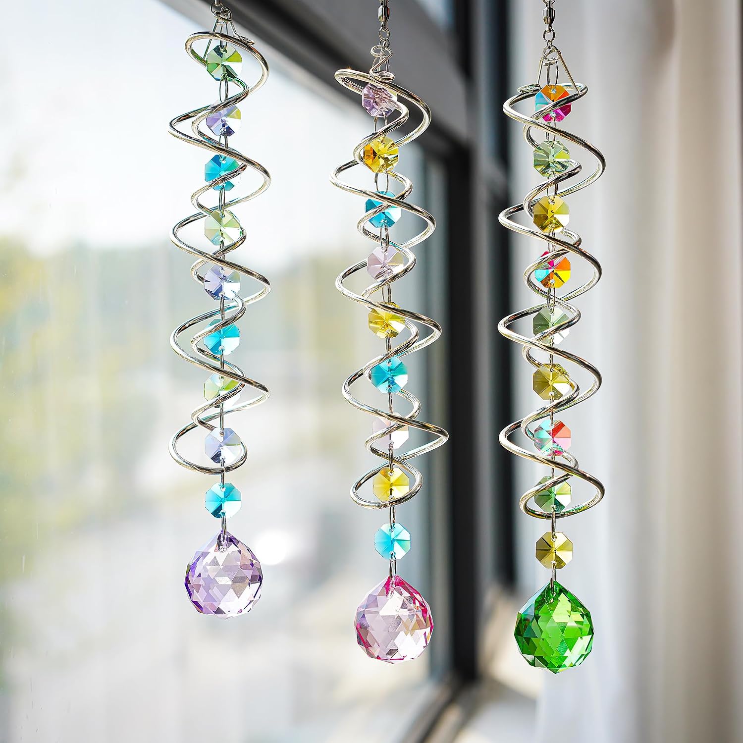 Set of 3 Crystal Suncatcher Spiral Wind Spinner Gazing Ball Decor | Crystal Suncatcher Rainbow Maker with Spiral Tail