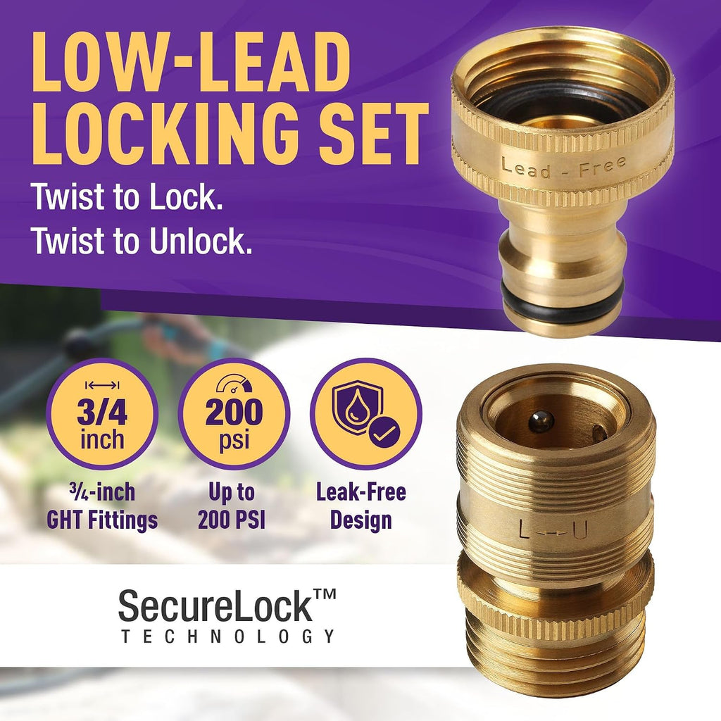 Low Lead Locking Garden Hose Quick Connect Fittings ¾ Inch GHT Solid Brass Leak Proof to 200 PSI Heavy Duty