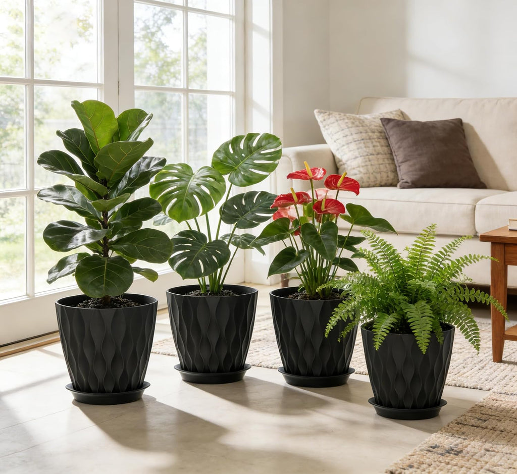 UOUZ 8 Inch Plant Pots, 4 Pack Plastic Planters for Indoor Outdoor with Drainage Holes & Saucers, Waffle Texture Flower