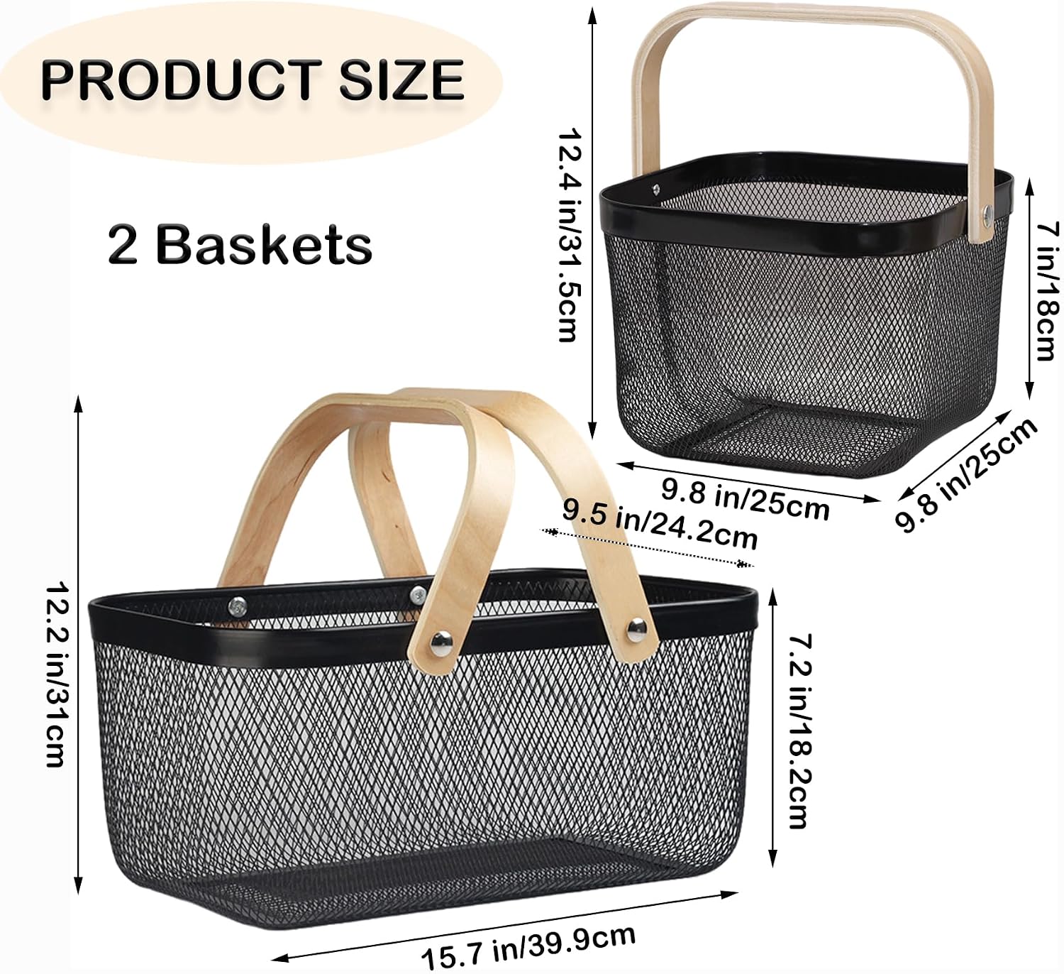 Cheardia 2 Pack Picnic Baskets, Metal Mesh Harvest Basket with Foldable Wooden Handle, Rectangle Garden Storage Basket