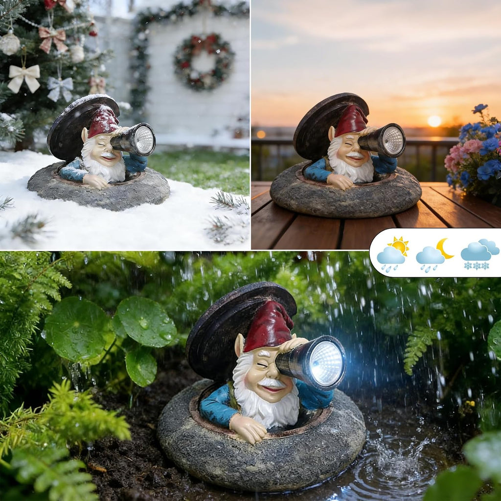 Solar Garden Gnome Outdoor Decor, Funny Gnome Statue Peeking from Manhole Cover, Waterproof Resin Figurine Lights for