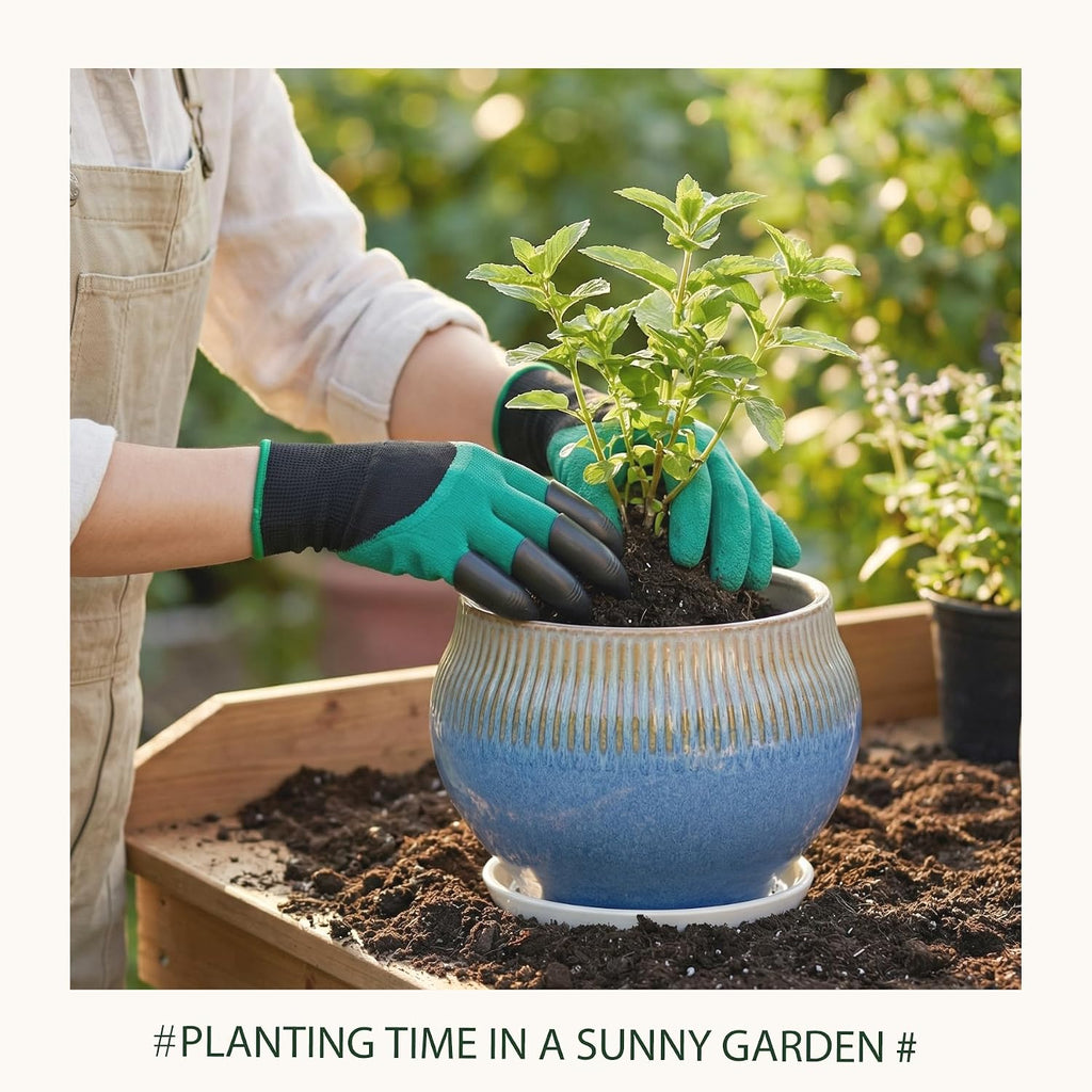 8.3 Inch Modern Ceramic Plant Pot with Drainage Hole and Mesh Net, Indoor Outdoor Planter with Saucer & Gardening