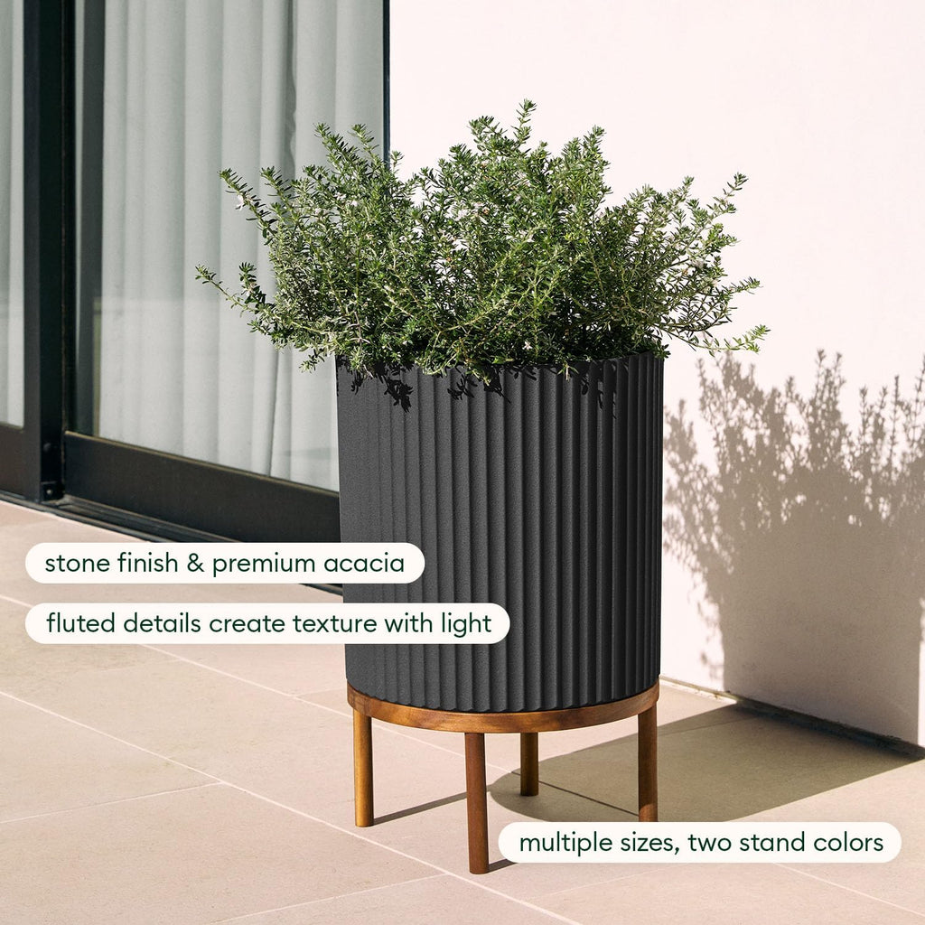 Veradek Demi Series Round Planter w/ Stand for Porch/Patio | Durable Plastic-Concrete & Wooden Stand | Modern Décor for