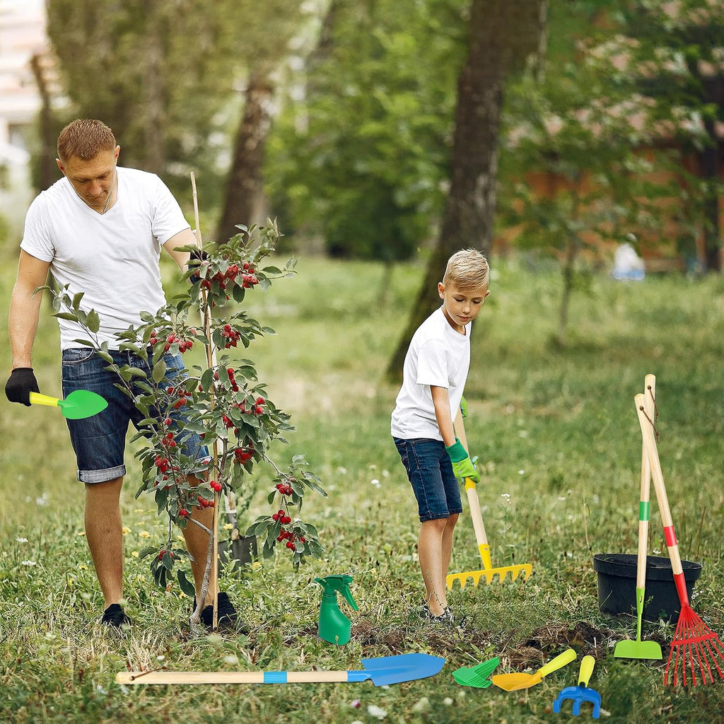 Kids Gardening Tools Set, 22 Pcs Real Metal Wood – Outdoor Toddlers Gifts | Includes Shovel Rake Hoe Leaf Rake Trowel