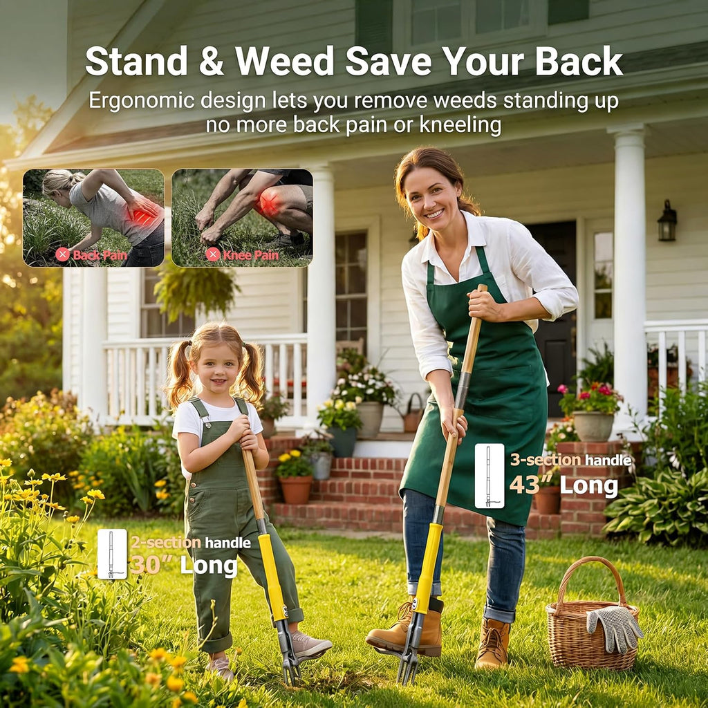 Stand Up Weed Puller Tool with Slide-Release System, Effortless Weeder for Lawn & Garden, 3-Section Wood Handle for