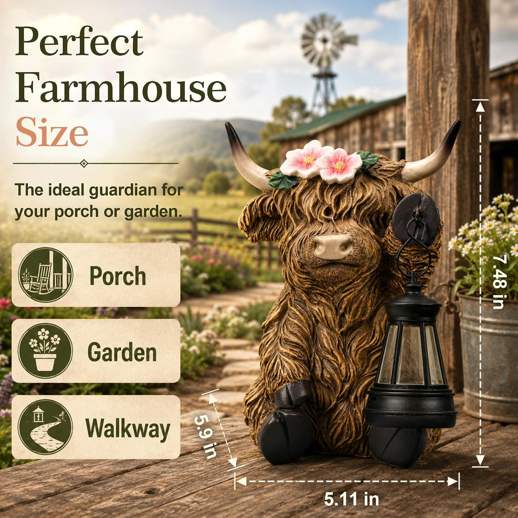 Solar Highland Cow Outdoor Garden Statue, Waterproof Resin Highland Cow Figurines with Lantern, Yard Animal Decorations