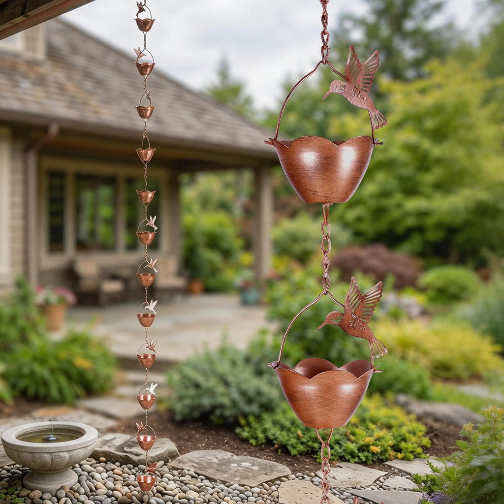 Topadorn Rain Chain for Gutters, 7.85 FT Metal Hummingbird Rain Chain | 12 Flower Cups, Decorative Hanging Rain Catcher