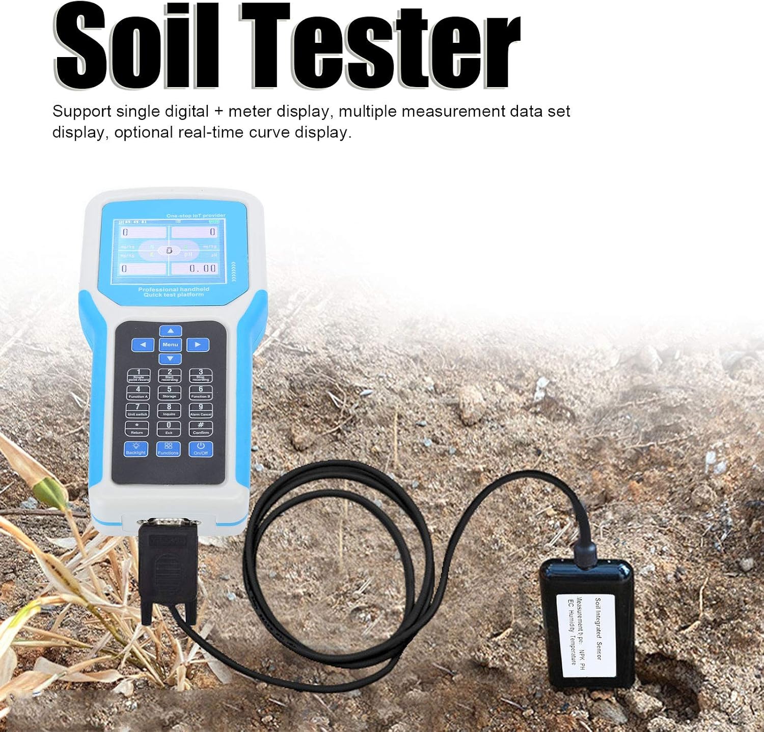 Soil Tester, 7-in-1 2.8in LCD Display High Sensitivity Handheld Soil PH Meter Kit Soil Temperature Humidity