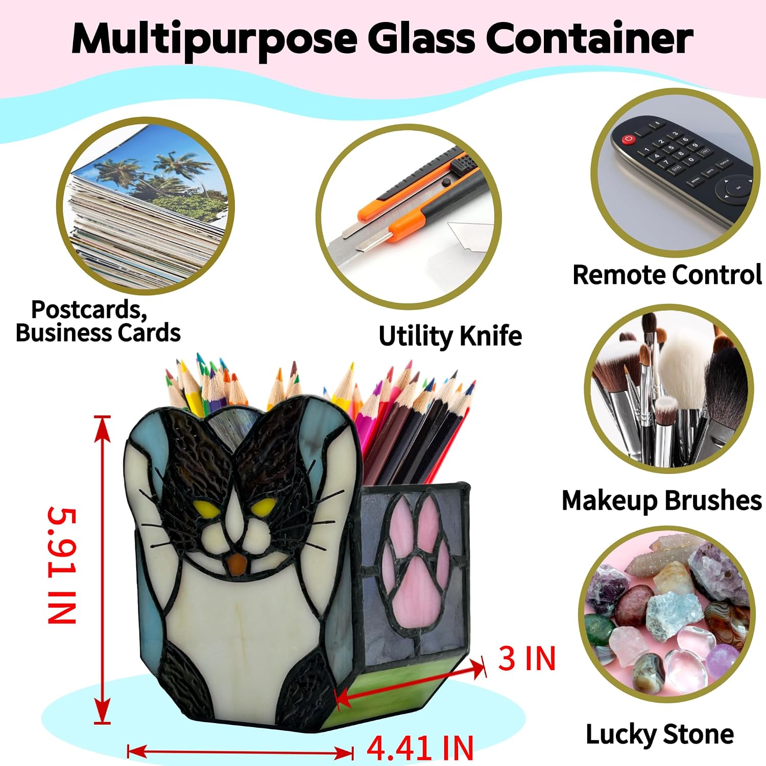 Stained Glass Black Cat Planter, Succulent Pot with Drainage, Indoor Plant Container, Decorative Pencil Holder, Teacher