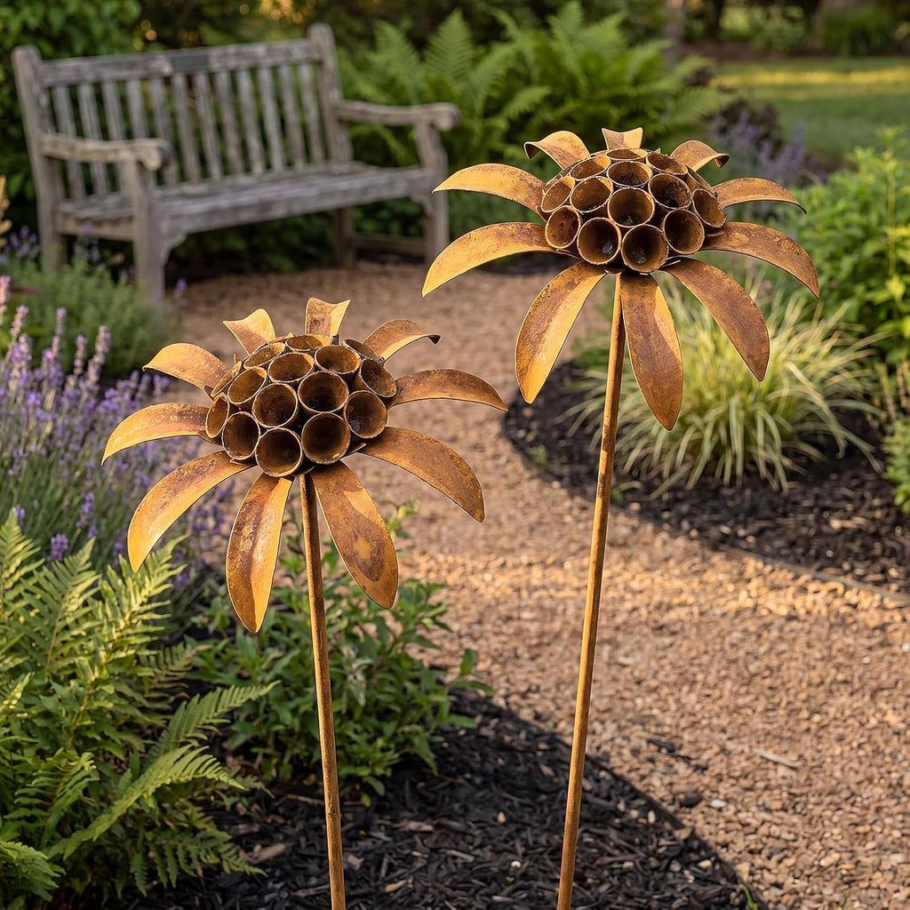Hicarer 2 Pcs Rusty Metal Flowers for Outside, Rustic Metal Decorative Garden Stakes, Flower Bed Decorations Plant for