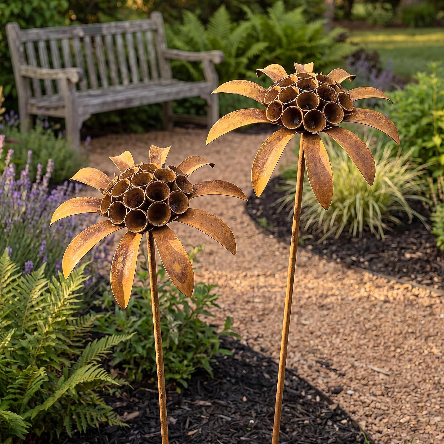 Hicarer 2 Pcs Rusty Metal Flowers for Outside, Rustic Metal Decorative Garden Stakes, Flower Bed Decorations Plant for