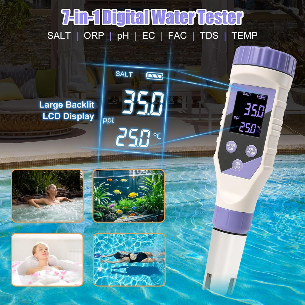 7-in-1 Digital Pool Water Tester – Chlorine, pH,Salt,ORP, EC, TDS&Temp Meter for Saltwater Pools, Hot Tubs, Spas