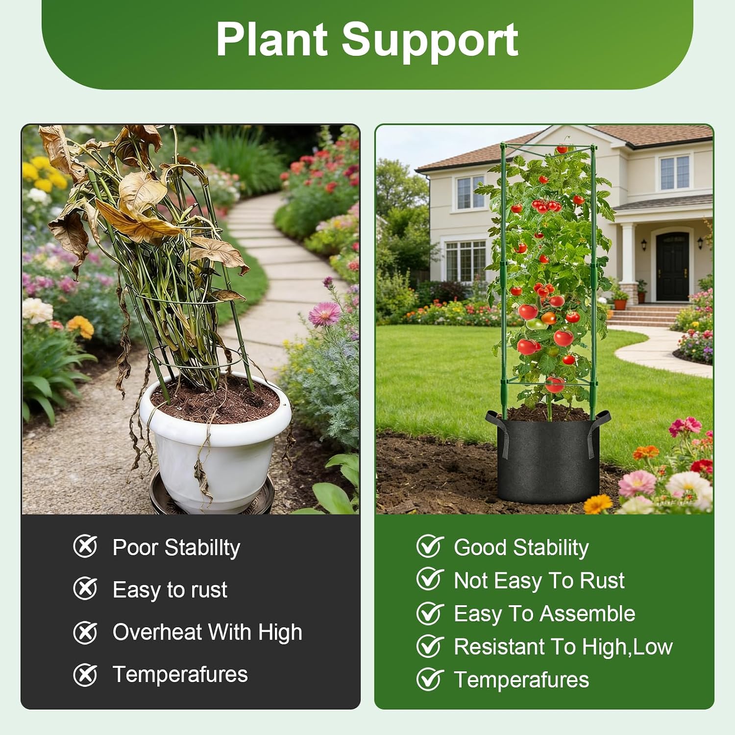 3 Pack Tomato Cage with 10 Gallon Grow Bags, 48" Height Adjustable Tomato Trellis with 65Ft Twist Tie, Heavy Duty