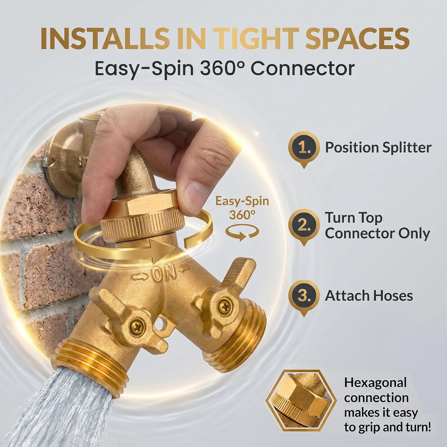 Brass Heavy-Duty Garden Hose Water Splitter | LEAD-FREE 2-Way Y Splitter for Water Spigot & Faucet | Manifold Connector