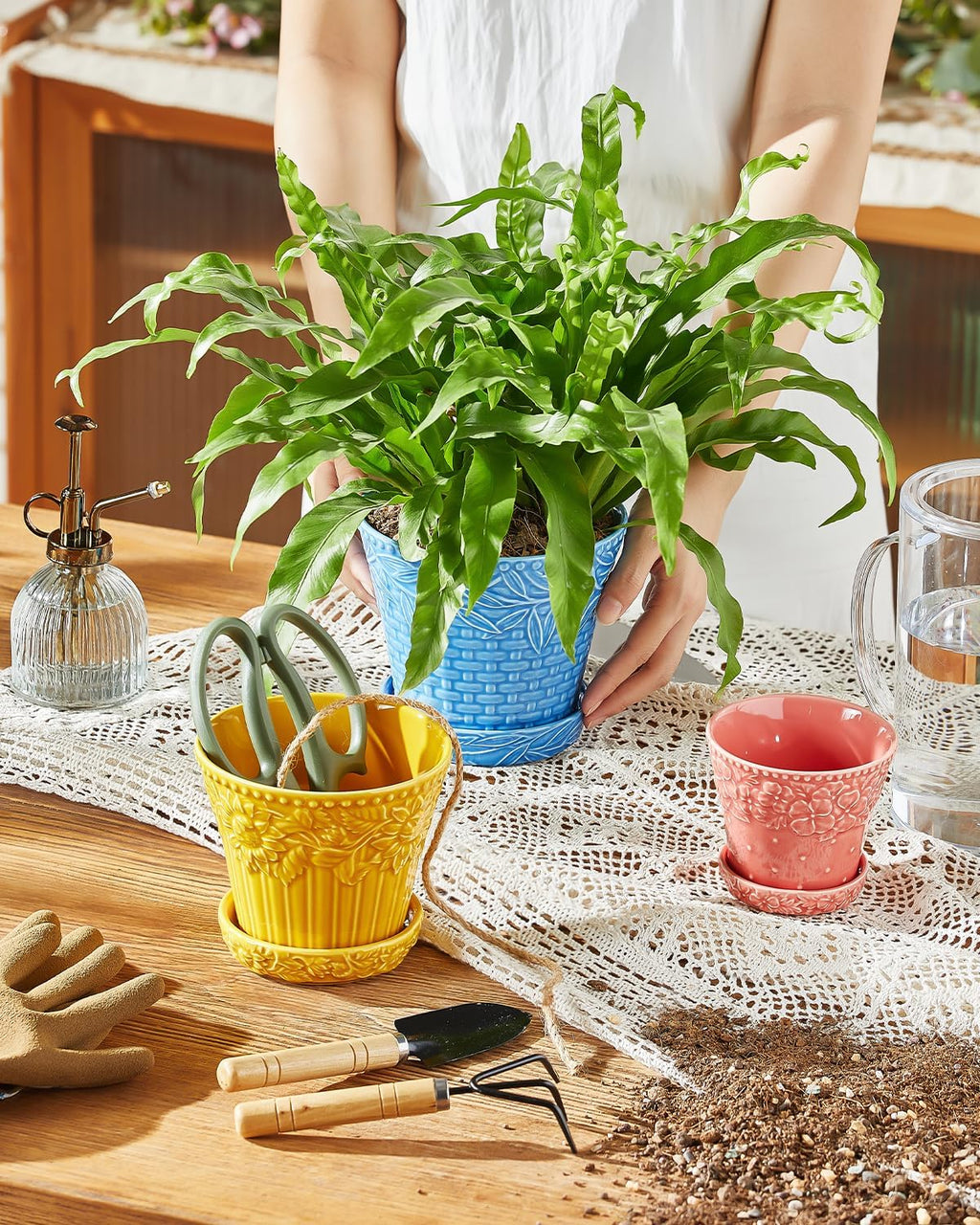 Metahom Ceramic Plant Pots, 4.9 Inch Flower Pots with Drainage Hole & Saucer, Colorful Planter Pots for Indoor Plants