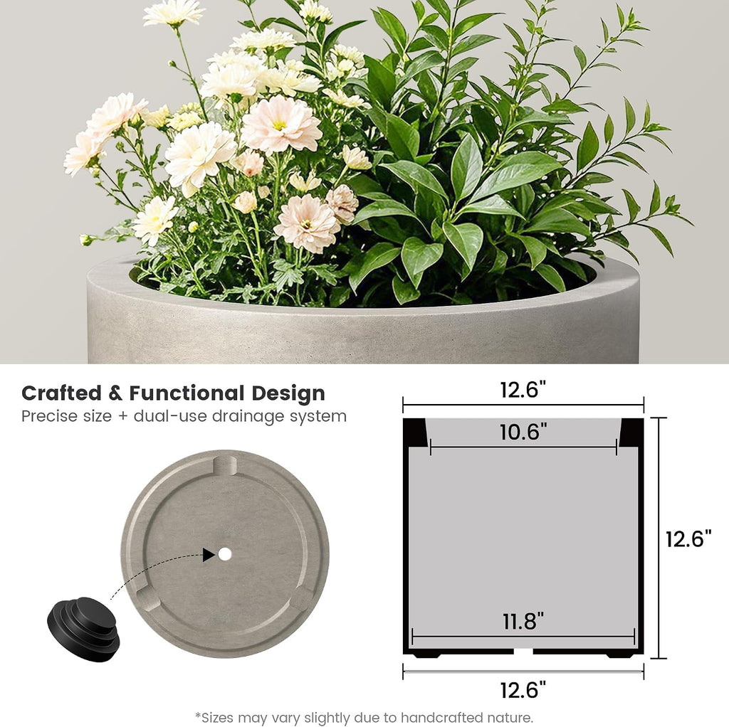 Kante Accent Round Cylinder Weathered Concrete Planter 12.6" Tall, Outdoor | Rubber Plug for Indoor, Drainage for