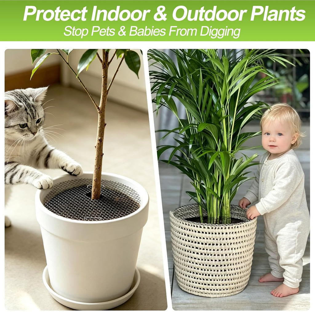 15.7"×157.5" Plant Pot Grid Set, Cat Proof Plant Protector, Cuttable Pot Soil Cover with Stakes, Breathable PE Mesh