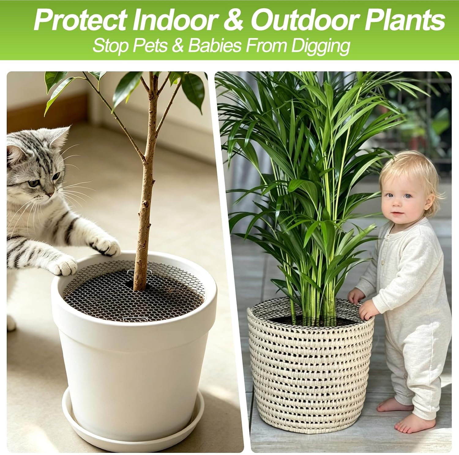 15.7"×157.5" Plant Pot Grid Set, Cat Proof Plant Protector, Cuttable Pot Soil Cover with Stakes, Breathable PE Mesh