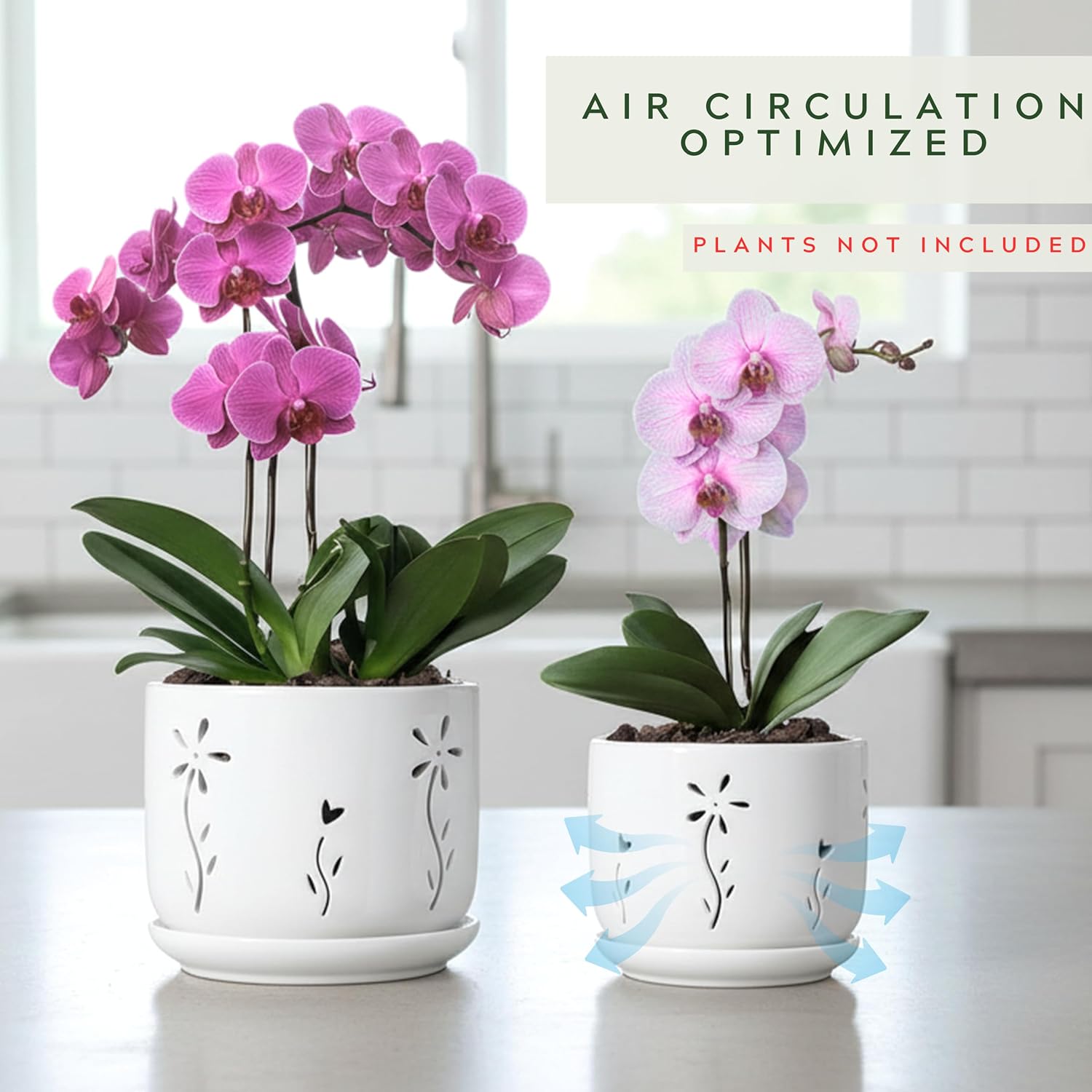2 Pack, 5 + 6 Inch White Orchid Pots with Holes and Saucer, Ceramic Orchid Planters for Repotting with Drainage Holes
