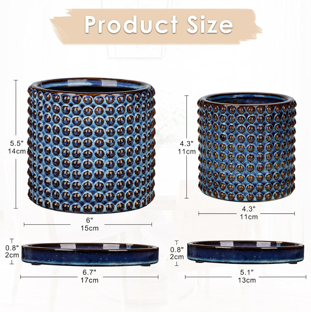 Set of 2 Ceramic Planter Pots with Drainage Hole and Saucer, Round Flower Pot Hobnail Modern Planter Pots for Indoor &