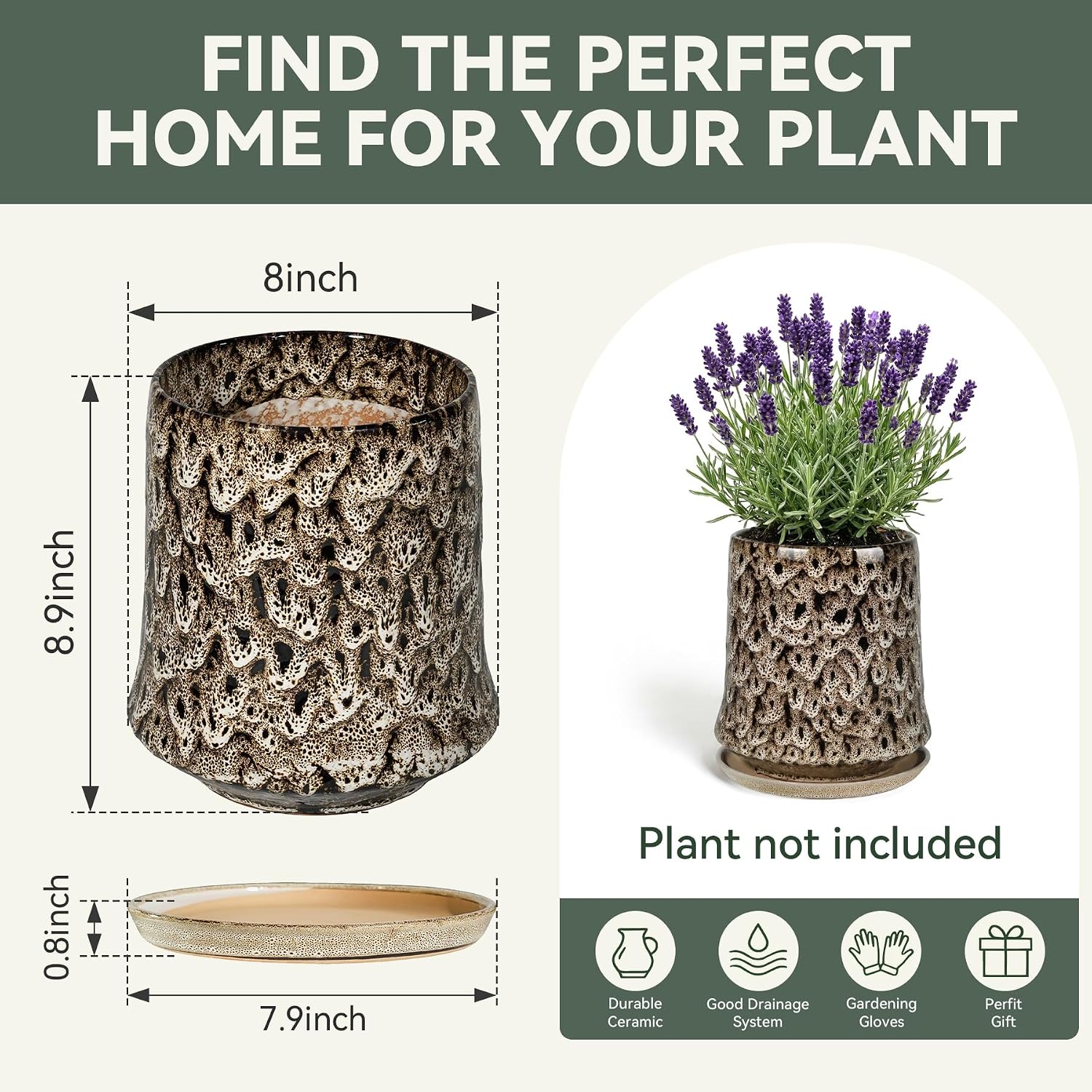 8 Inch Ceramic Planter Pot with Saucer Drainage Leak-Proof Mesh,Flower Pots for Lavender with Gardening Gloves,Ceramic
